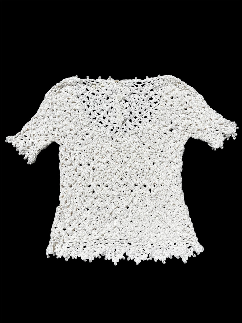 Rare! Vintage Alba Rosa White Crochet Cropped Top With Pearl Embellishment S